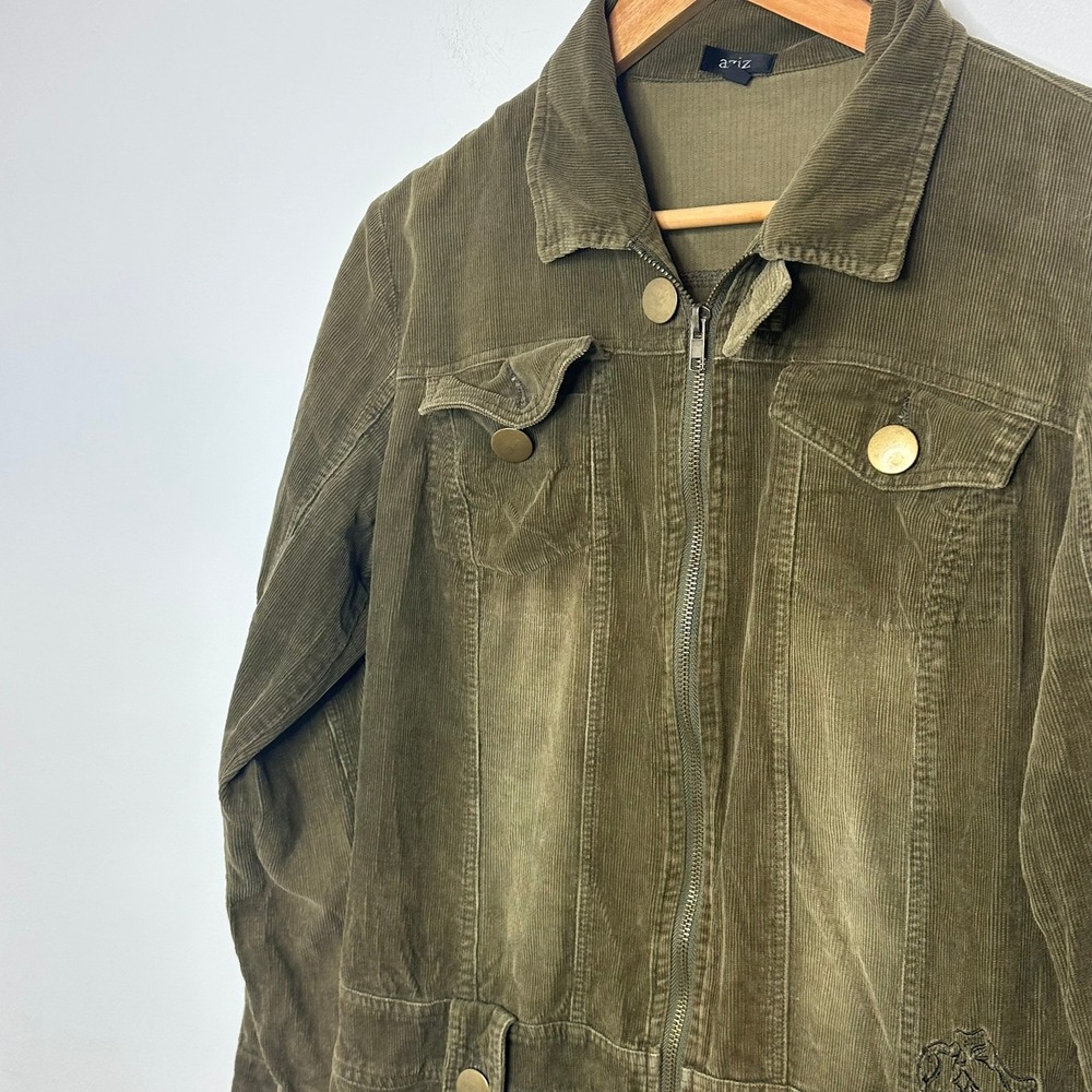 AZIZ Women Olive Green Corduroy Zip Front Jacket‎ Size Medium Embroidered Detail - Picture 4 of 11